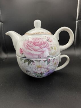 Summer River Porcelain Tea for One Set Pink Peony Floral Cottagecore